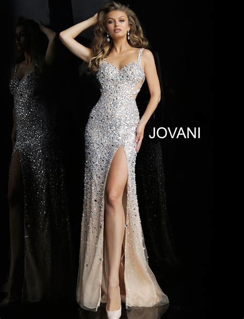jovani 59846 nude silver high slit open back prom dress