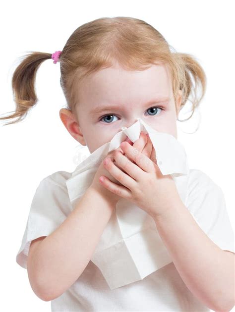 kid cleaning running nose  tissue isolated stock photo image