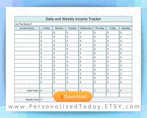 printable daily  weekly income tracker earnings worksheet