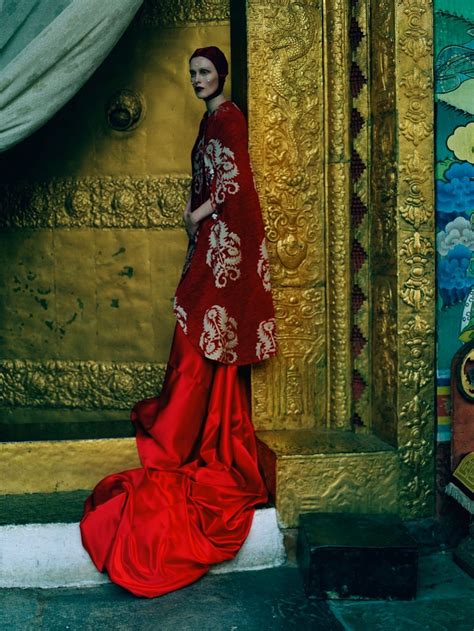 Karen Elson For Vogue Uk May 2015 By Tim Walker In Bhutan Red Silk