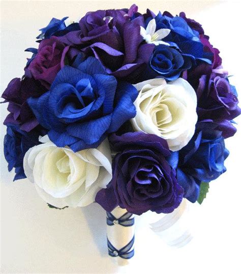 wedding flowers silk bridal bouquet 17 piece package royal blue purple
