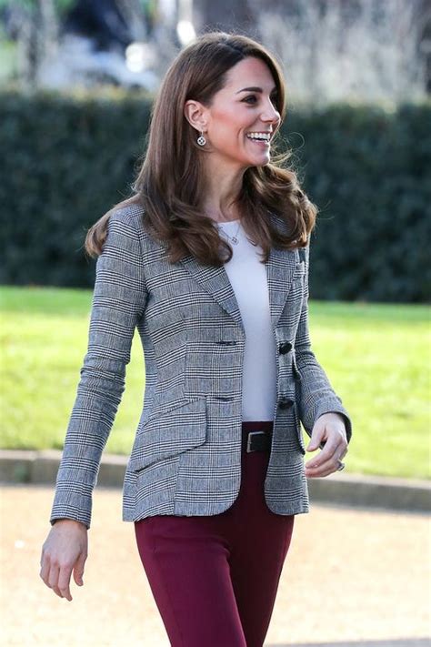 kate middleton wears grey check blazer and red trousers