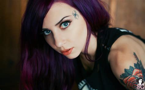 Suicide Girls Blue Eyes Purple Hair Mizirlou Tattoo Hd Wallpapers