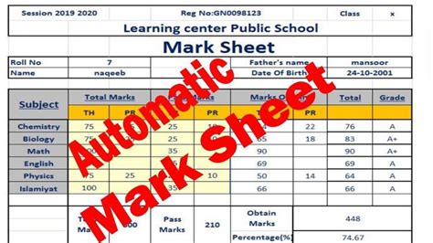 Fully Automatic Marksheet In Excel By Learning Center In Urdu Hindi