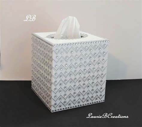 bling tissue box cover sparkling jeweled rhinestone tissue holder handpainted white