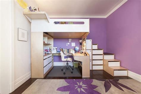 loft bed  desk  purple accent walls bunkbedswithdesksunderneathdiy room