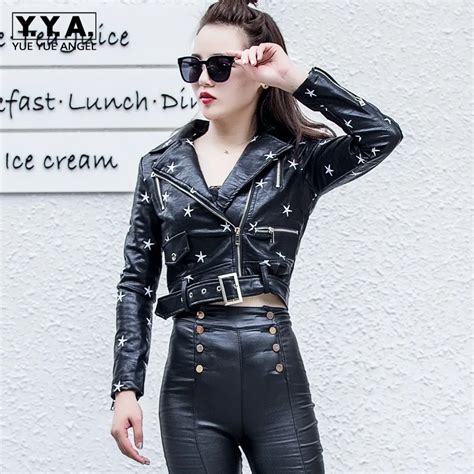 fashion high street women faux leather jacket lapel zipper black pentagram coats ladies