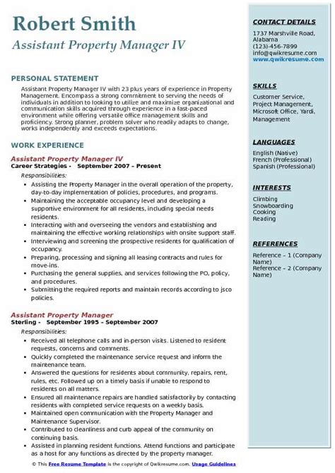 assistant property manager resume samples qwikresume
