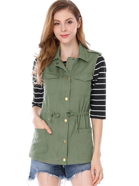 womens sleeveless functional pockets drawstring waist cargo vest jacket coat green