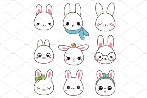 cute rabbits kawaii bunny faces icons creative market