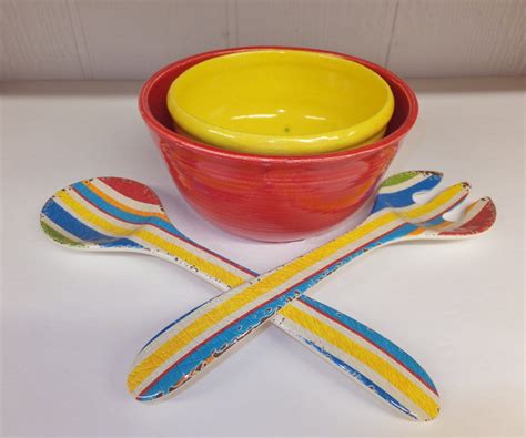 Large Red And Yellow Ceramic Mixing Bowl Set Nesting Bowls