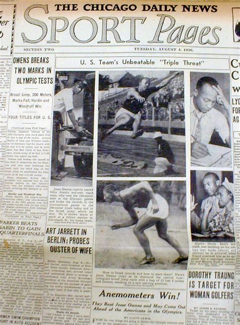 1936 newspaper jesse owens sets olympic world record in