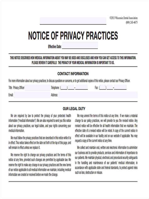 printable notice  privacy practices template printable templates