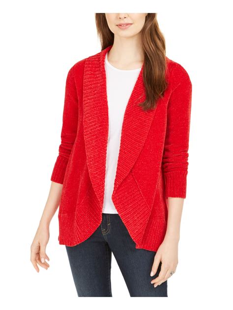 Style And Company Womens Red Textured Ribbed Long Sleeve Open Cardigan