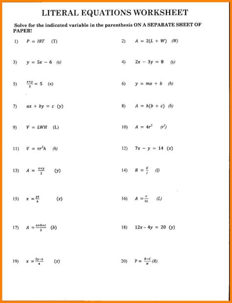 literal equations worksheet  answer key db excelcom