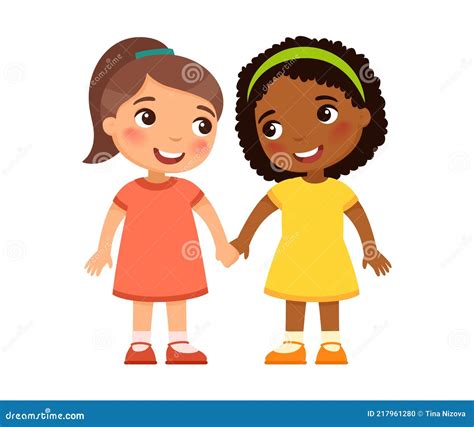 multiracial  girls holding hand cartoon characters stock