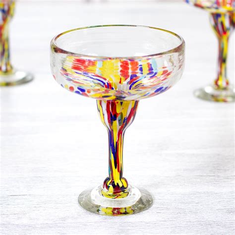 Set Of 6 Multicolor Hand Blown Glass Margarita Glasses Confetti