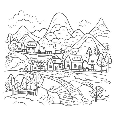 hilly village coloring page  mountains  trees outline sketch