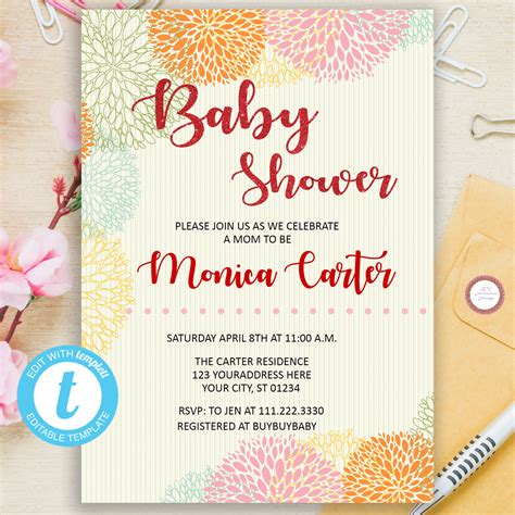 editable floral baby shower invitation girl baby shower digital