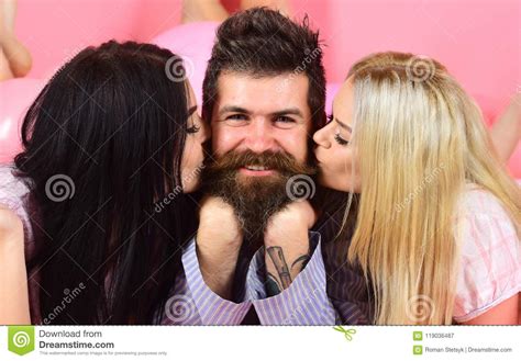Threesome Lay Near Balloons Happy Guy On Smiling Face Man With Beard