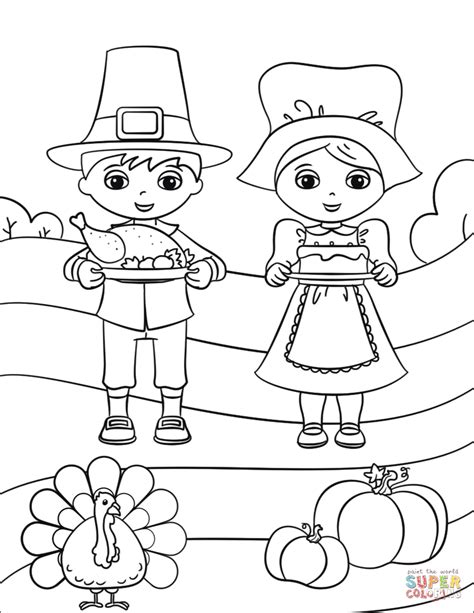 cute pilgrim boy  girl coloring page  printable coloring pages