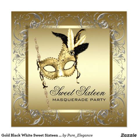 Gold Black White Sweet Sixteen Masquerade Party Invitation