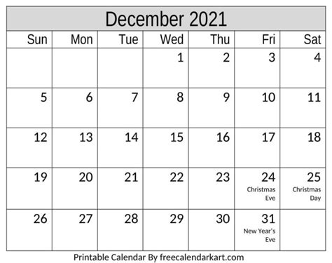 december  calendar printable template
