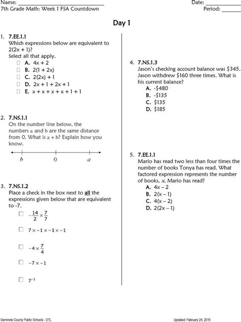 ee  worksheet fsa  grade math expressions  equations