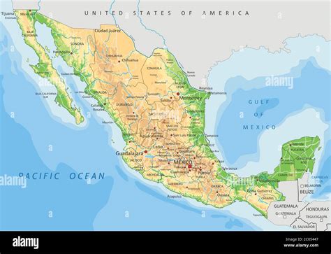 mapa fisico de mexico  alto detalle  etiquetado imagen vector de