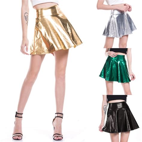 New Arrival Fashion Women Shiny Metallic Skate Pleated Skirt Patent