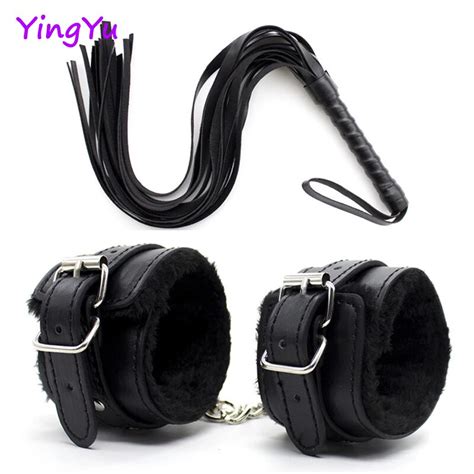 2pcs set pu leather erotic handcuffs ankle cuff restraints with whip