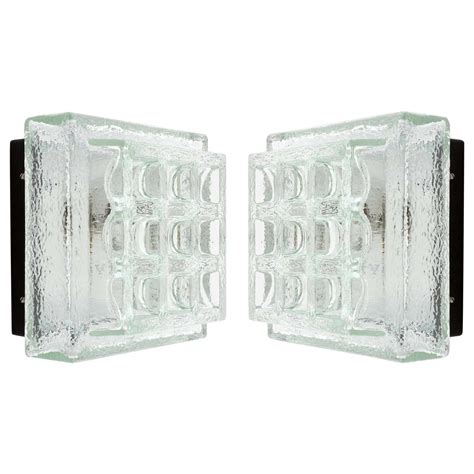 square limburg flush mount lights sconces textured glass black metal  pair  sale  stdibs