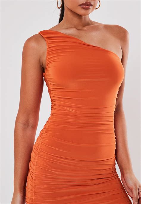 orange one shoulder slinky ruched mini dress missguided