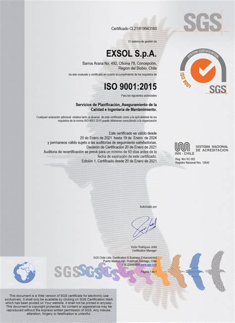 Certificados Sgc – Iso 9001 2015 – Exsol Industries