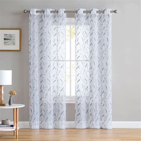 set    white sheer window curtains gray embroidered botanical floral design  long