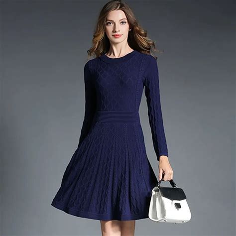 Elegant Solid Color Women Fashion Brief Knit Dress Long Sleeve A Line