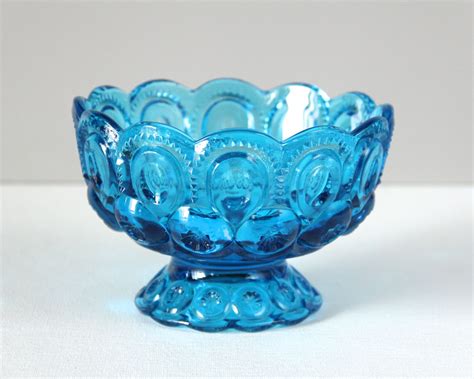 Vintage Blue Glass Bowl Compote Moon And Stars L E Smith