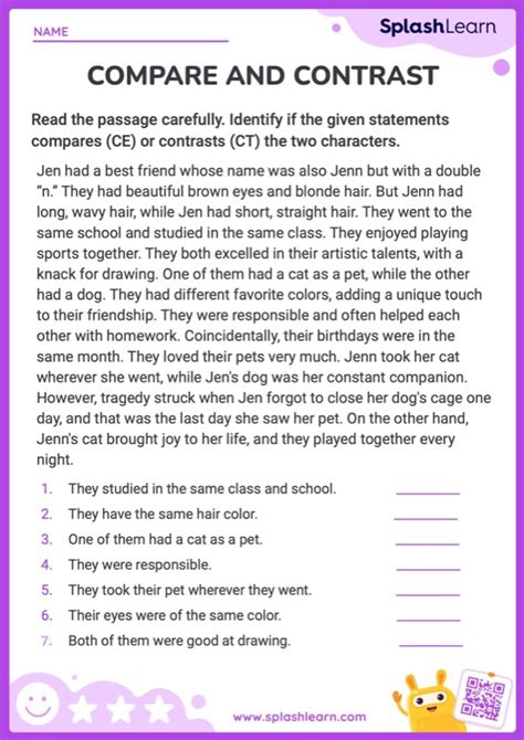 compare  contrast characters ela worksheets splashlearn