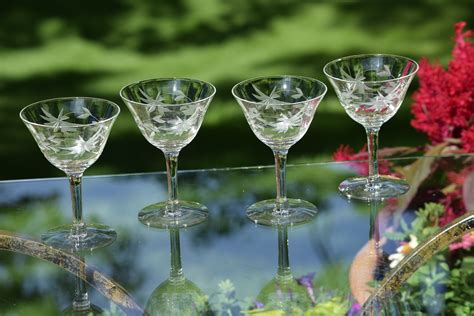 vintage etched cocktail ~ martini glasses set of 4