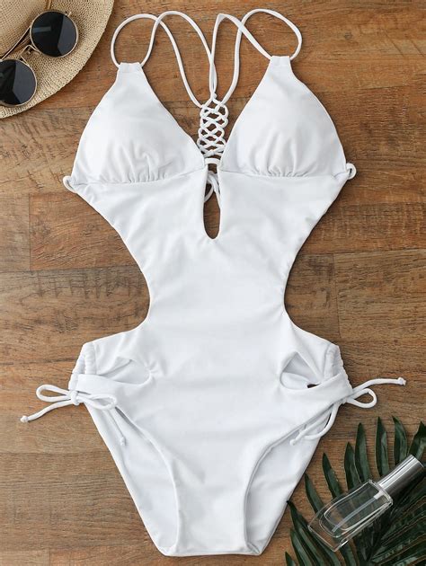 Lace Up Hollow Out Swimwear White 3w22908410 Size M Women