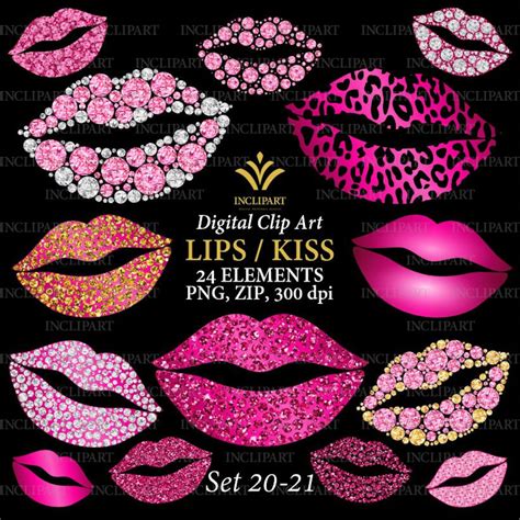 lips kiss digital clipart png pink glitter and diamond pink etsy
