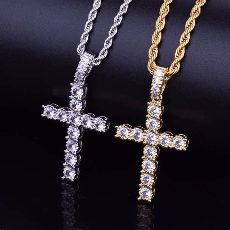 zircon cross pendant gold color copper necklace men women hip hop jewelry gift