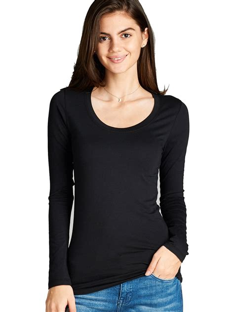 womens long sleeve scoop neck fitted cotton top basic  shirts