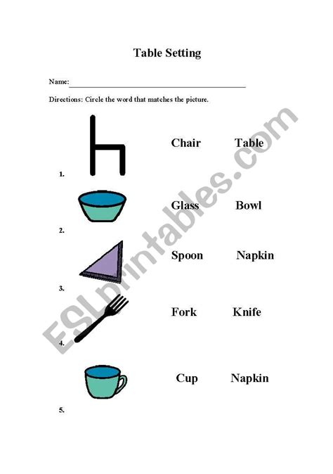 english worksheets table setting