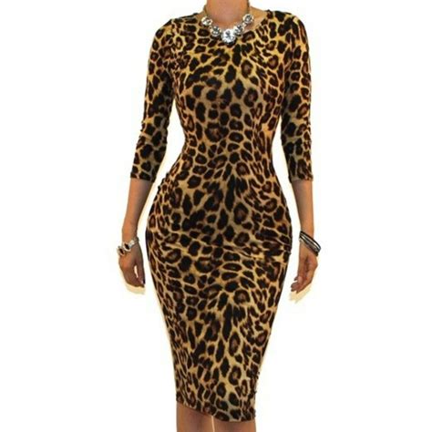 womens leopard print sexy 3 4 sleeve bodycon party cocktail dress small