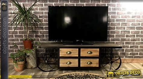 meuble tv en bois  metal style ancien chariot  tiroirs  plateau vieilli cm