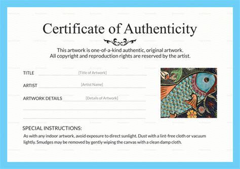 artwork authenticity certificate design template  psd word