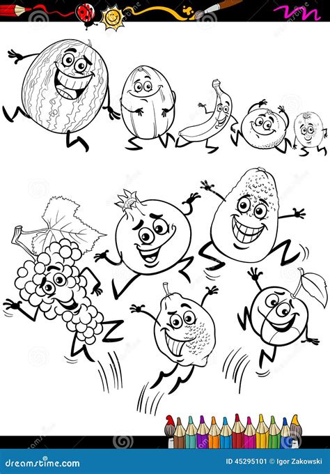funny fruits set cartoon coloring page stock vector illustration