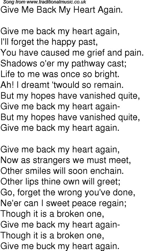 Old Time Song Lyrics For 08 Give Me Back My Heart Again