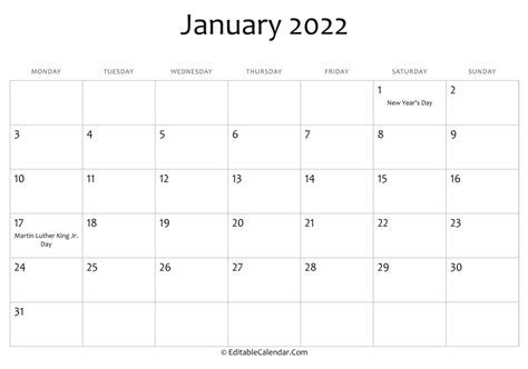 january  printable calendar  holidays